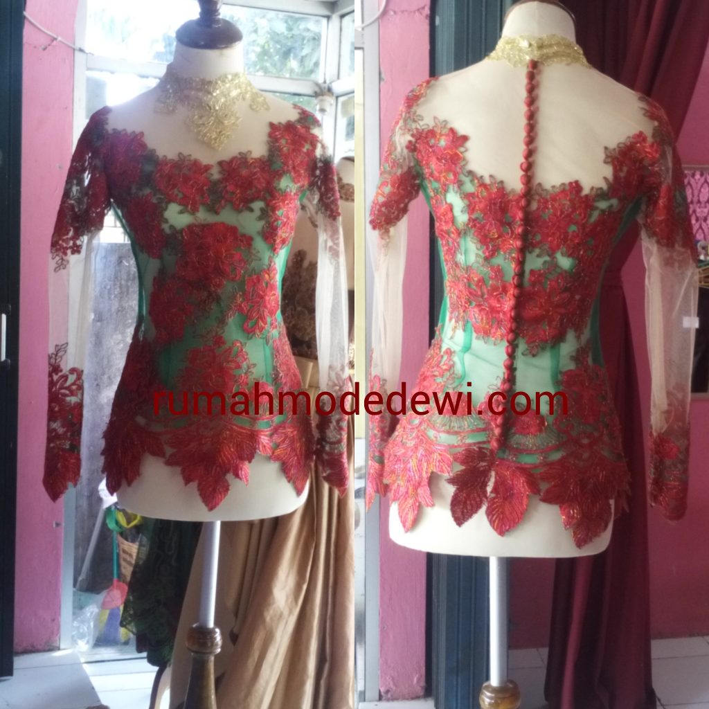 Kebaya Tille Hijau Dengan Motif Merah Kerah Shanghai Emas