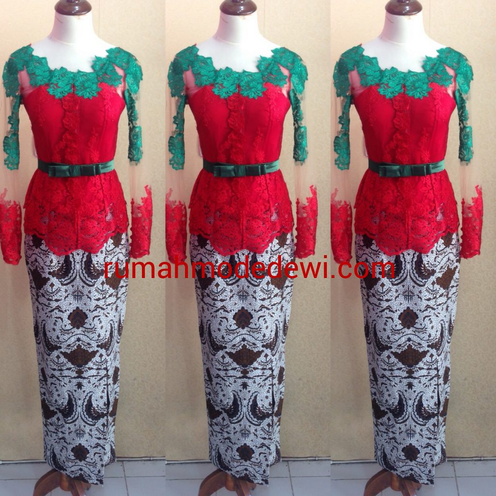 Kebaya Peplum Merah Cerah Kombinasi Hijau