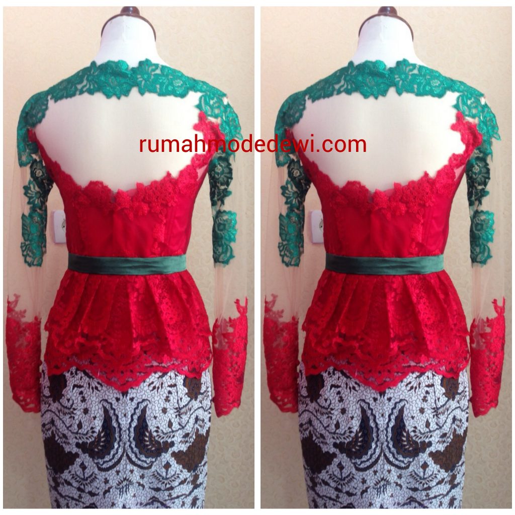 Kebaya Peplum Merah Cerah Kombinasi Hijau Tampak Belakang