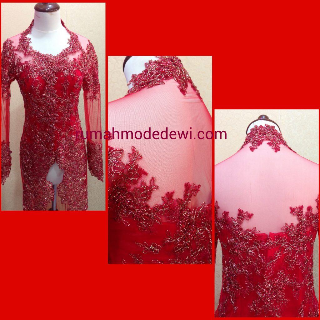 Kebaya Modern Merah Panjang Full Payet tampak belakang