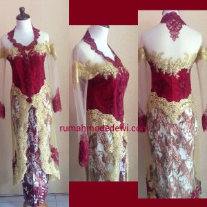 Kebaya Panjang Kerah Sunda Warna Merah Kombinasi Emas